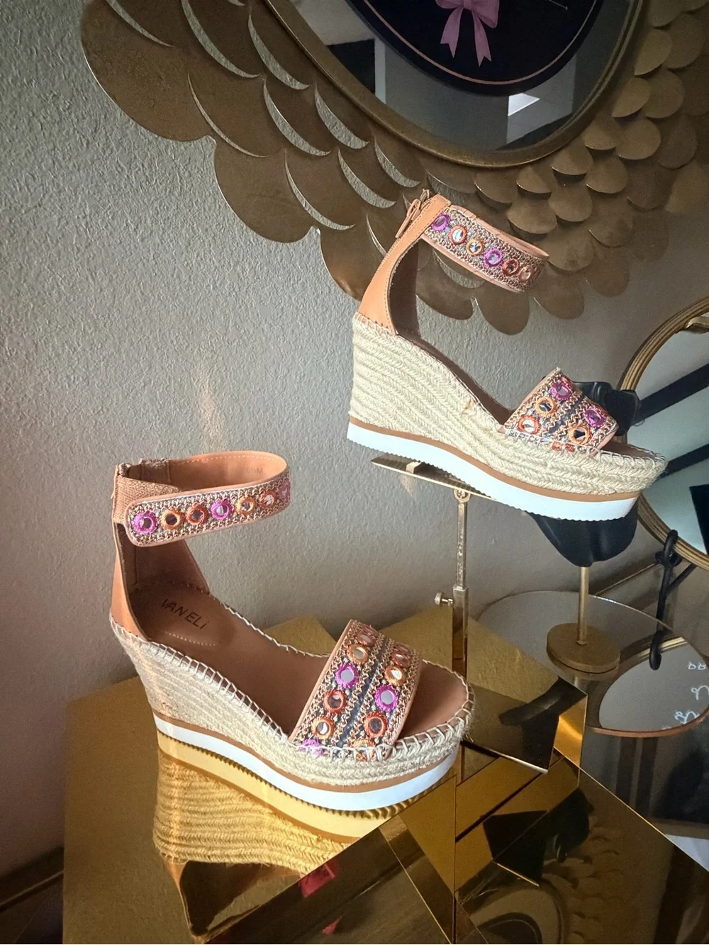 Van Eli Embellished Espadrille Wedge Sandals Ankle Strap Size 6.5M